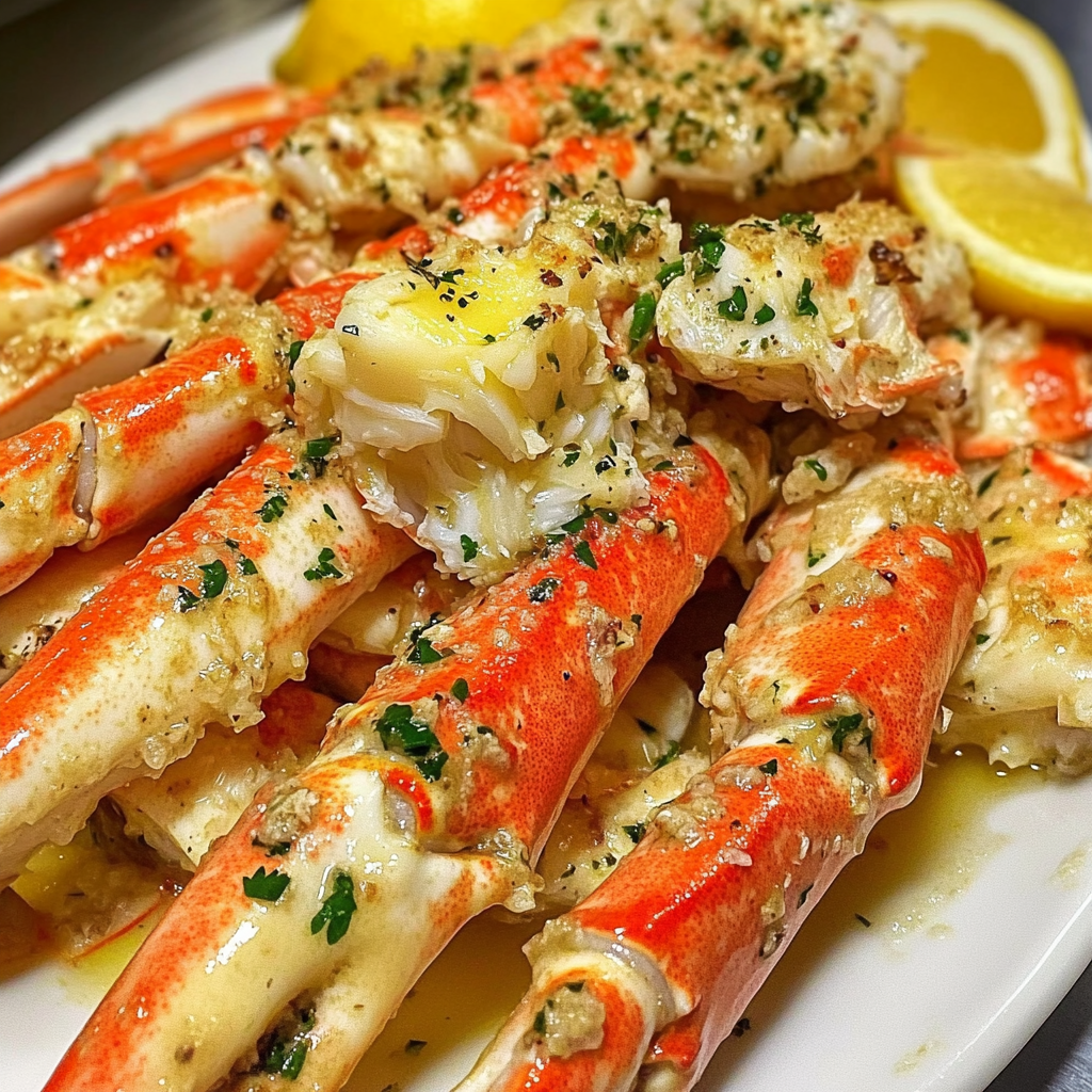 A plate of garlic butter crab legs with lemon wedges on top.