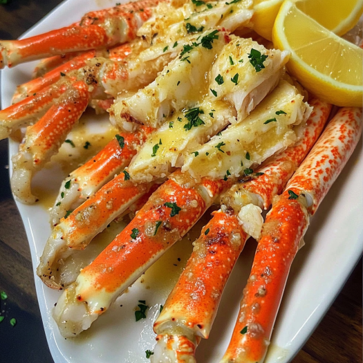 A plate of garlic butter crab legs with lemon wedges on the side.