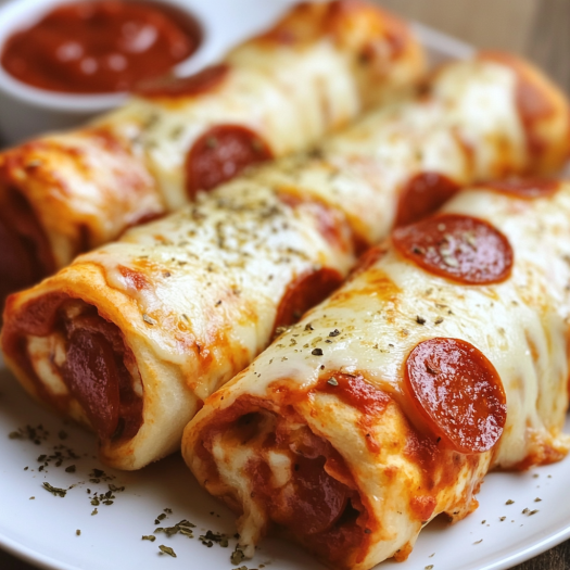 A plate of pepperoni rolls with a side of marinara sauce.