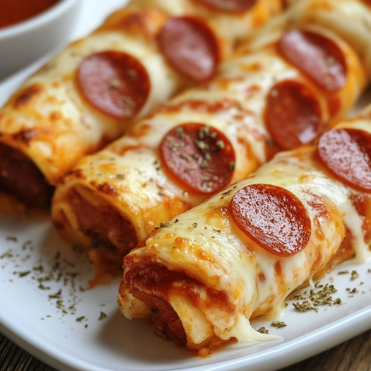 A plate of pepperoni pizza rolls with a bowl of sauce on the side.