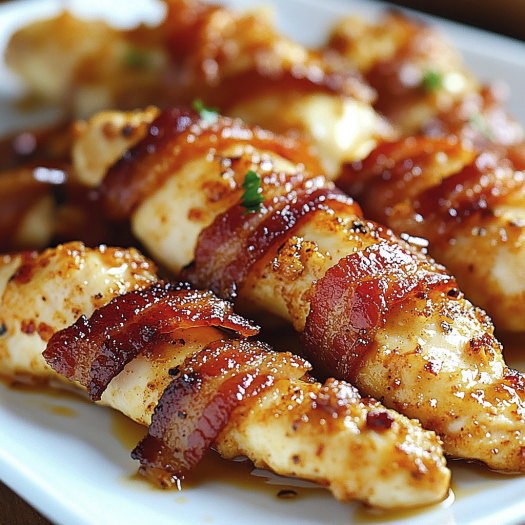 A plate of bacon wrapped chicken with a brown sauce.