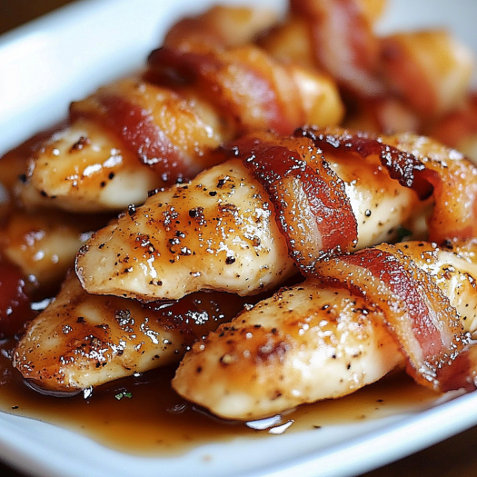 Bacon wrapped chicken with a brown sauce.