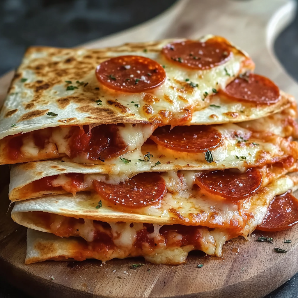 A stack of pizza sandwiches with pepperoni and cheese on a wooden cutting board.