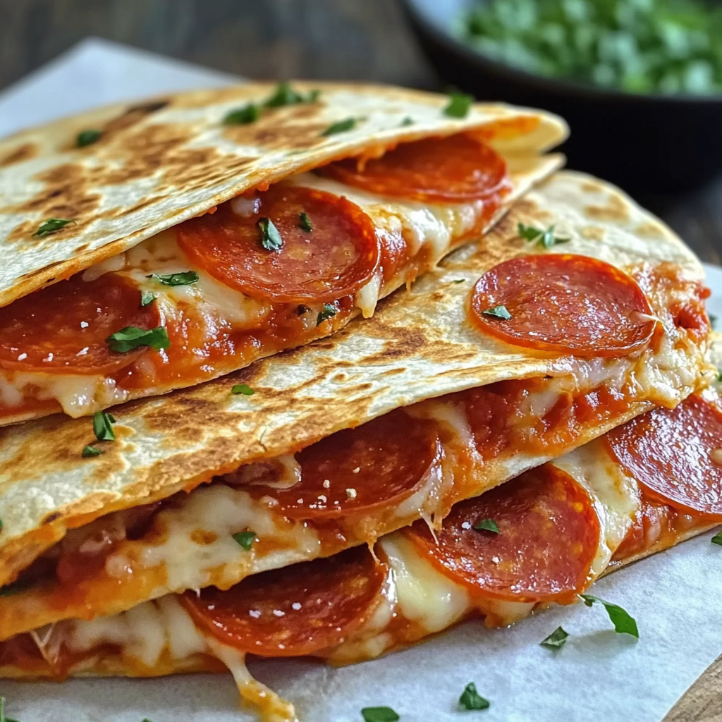 A stack of three pepperoni pizza sandwiches on a table.