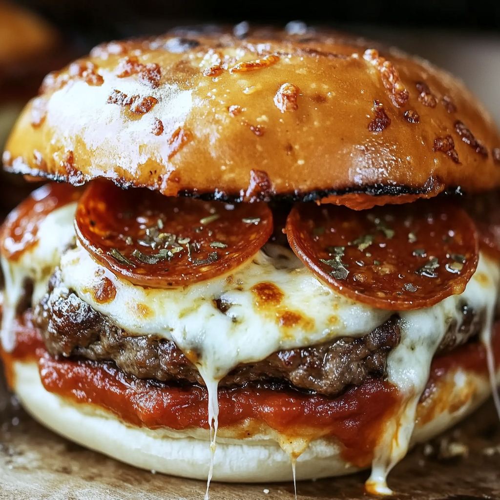 A close up of a pizza burger with pepperoni and mozzarella cheese.