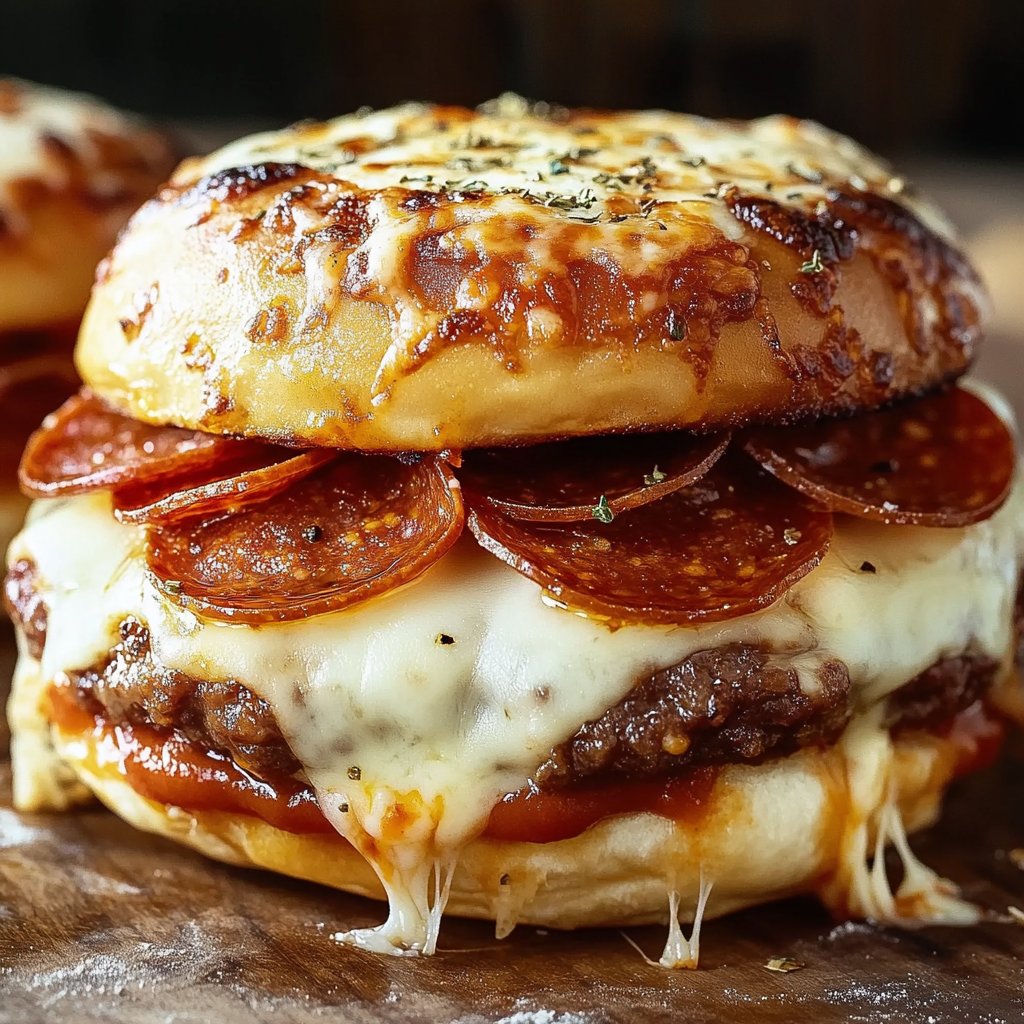 A close-up of a delicious pepperoni and mozzarella pizza burger.