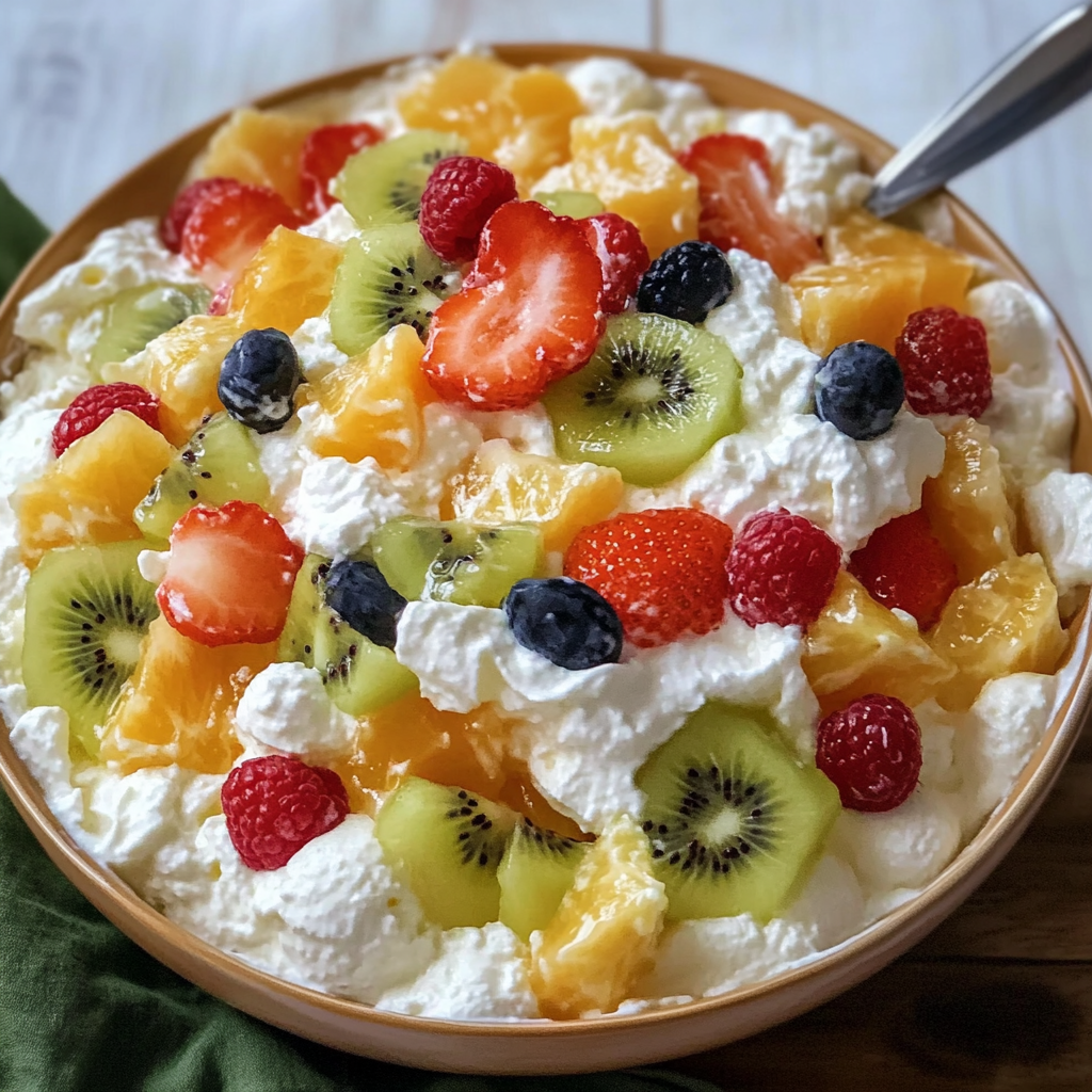A bowl of fruit salad with kiwi, strawberries, blueberries, and oranges.