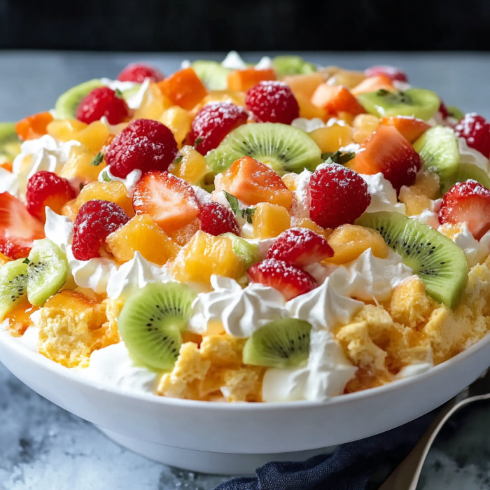 A bowl of fruit salad with strawberries, kiwi, and other fruits, topped with whipped cream.