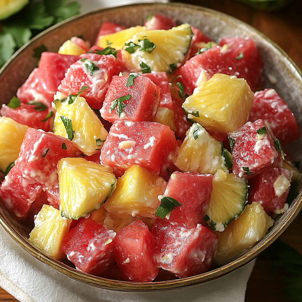 A bowl of watermelon pineapple salad with a sprinkle of mint on top.