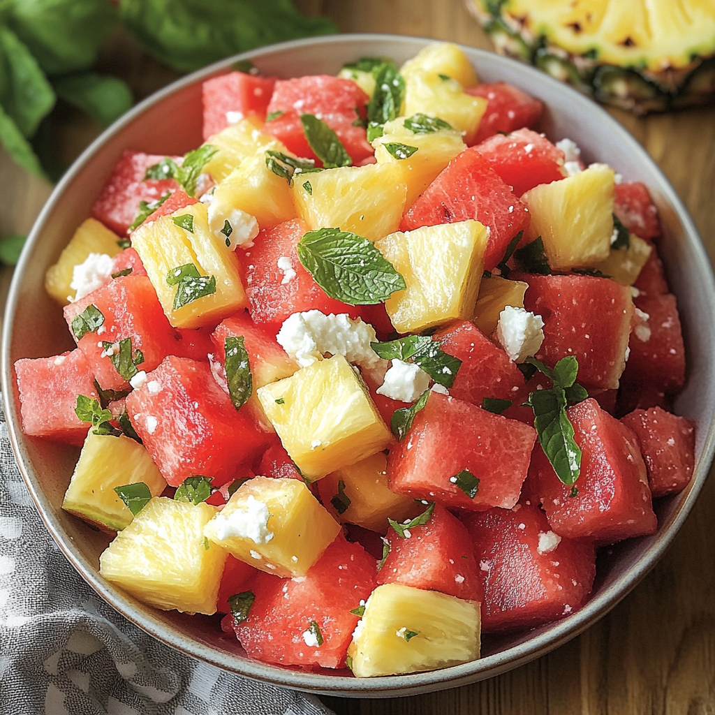 A bowl of fresh fruit salad with watermelon, pineapple, and other fruits.