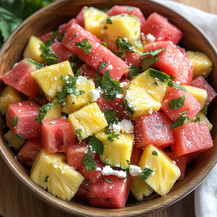 A bowl of fresh fruit salad with pineapple, watermelon, and mint.
