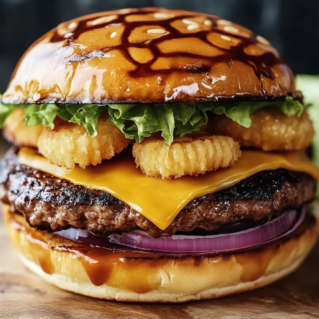 A close-up of a cheeseburger with a bun, lettuce, and onion, drizzled with a sauce.