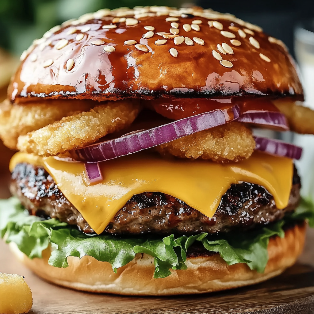 A close up of a cheeseburger with onions and purple onions on top.