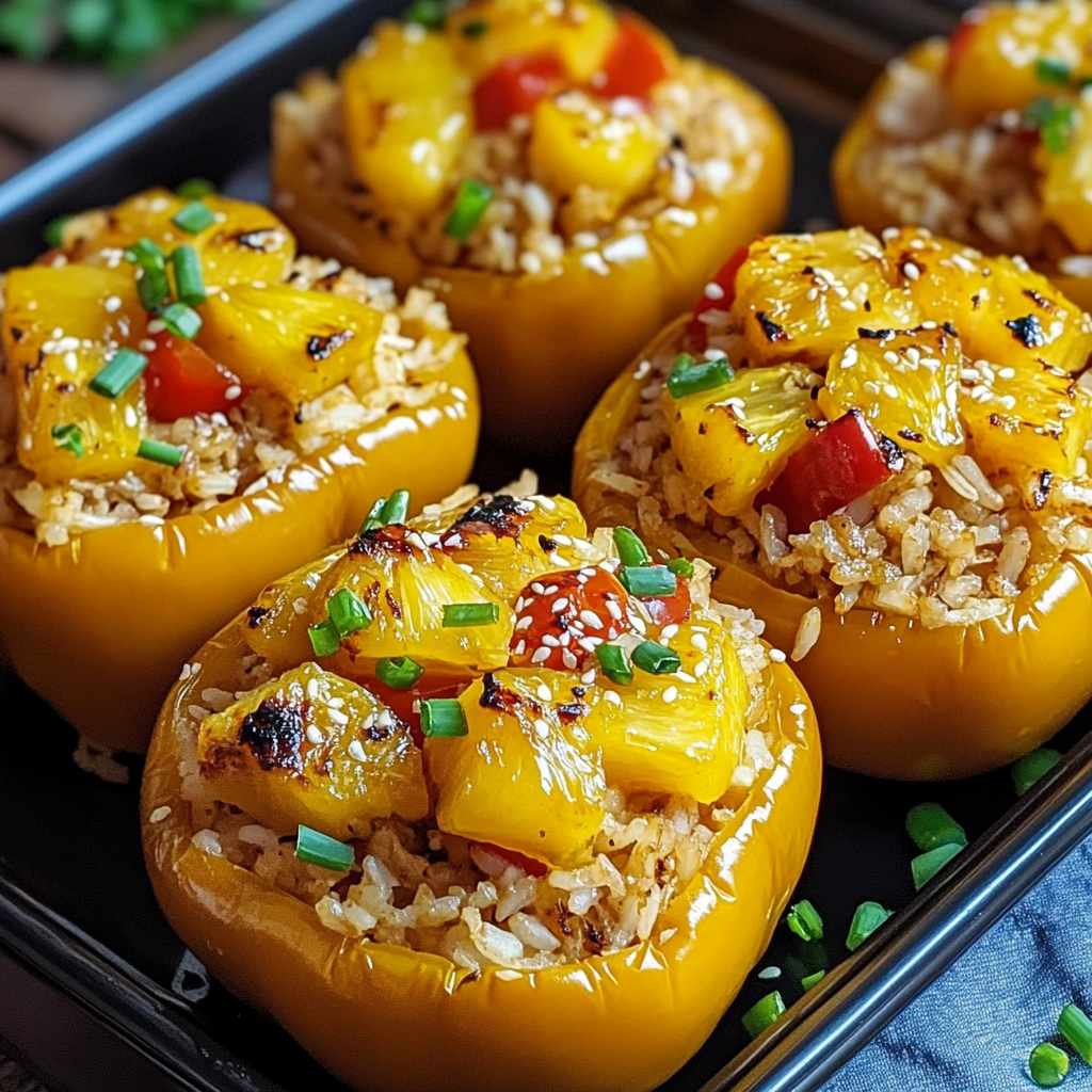A dish of stuffed peppers filled with rice and pineapple chicken.