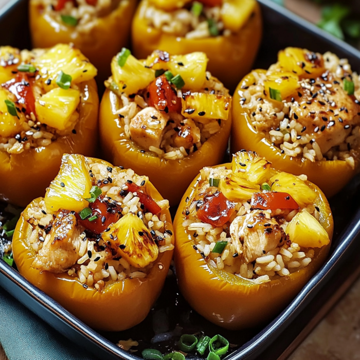 A dish of stuffed peppers filled with rice, chicken, and pineapple, served in a bowl.