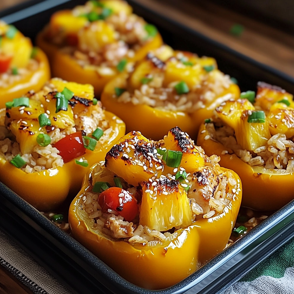 A dish of stuffed peppers filled with rice, chicken, and pineapple, all covered in a teriyaki sauce.