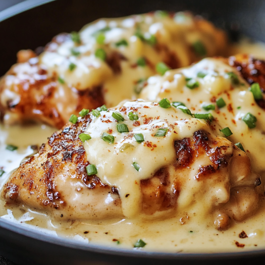 A delicious meal of chicken with cheese and herbs, served in a black bowl.