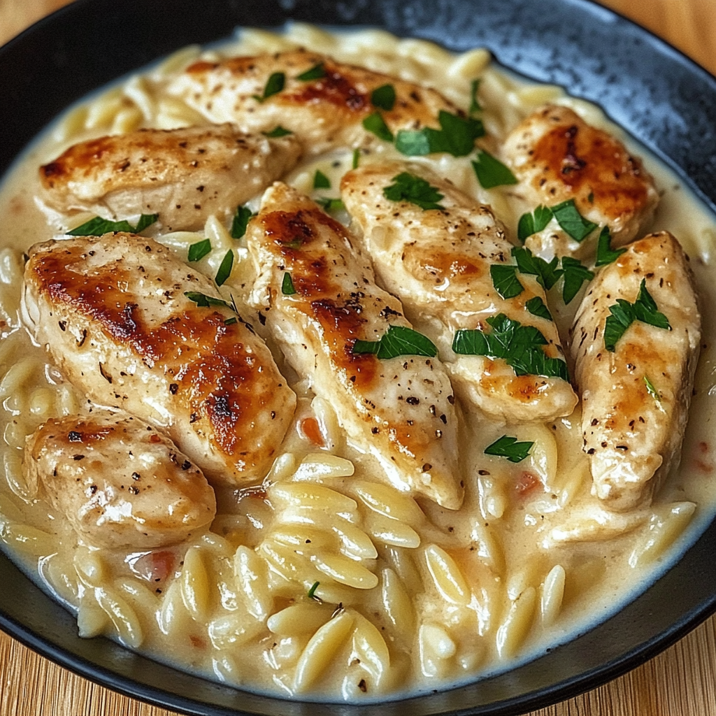 A bowl of chicken and pasta with a parmesan finish.