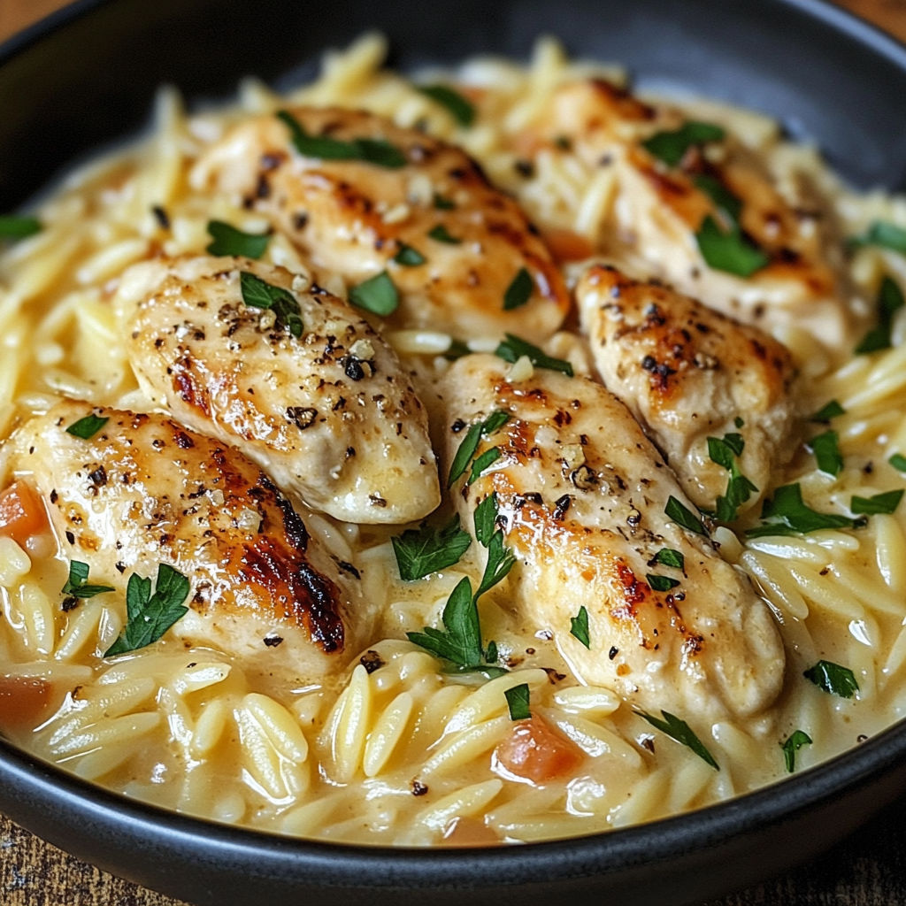 A bowl of chicken and orzo with a parmesan finish.