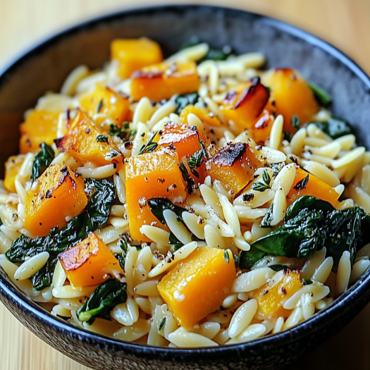 A bowl of pasta with roasted butternut squash and spinach.
