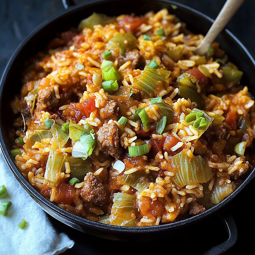 A bowl of rice with meat and vegetables, including green onions and tomatoes.