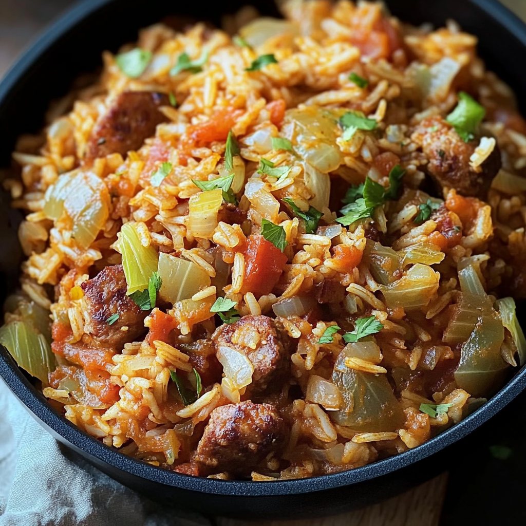 A bowl of rice and meat, with a green onion garnish, is served on a wooden table.