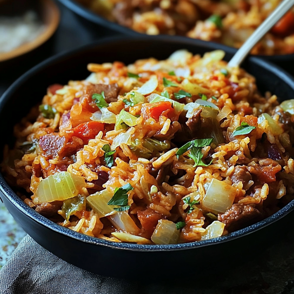 A bowl of Cajun Cabbage Jambalaya is served in a black bowl.