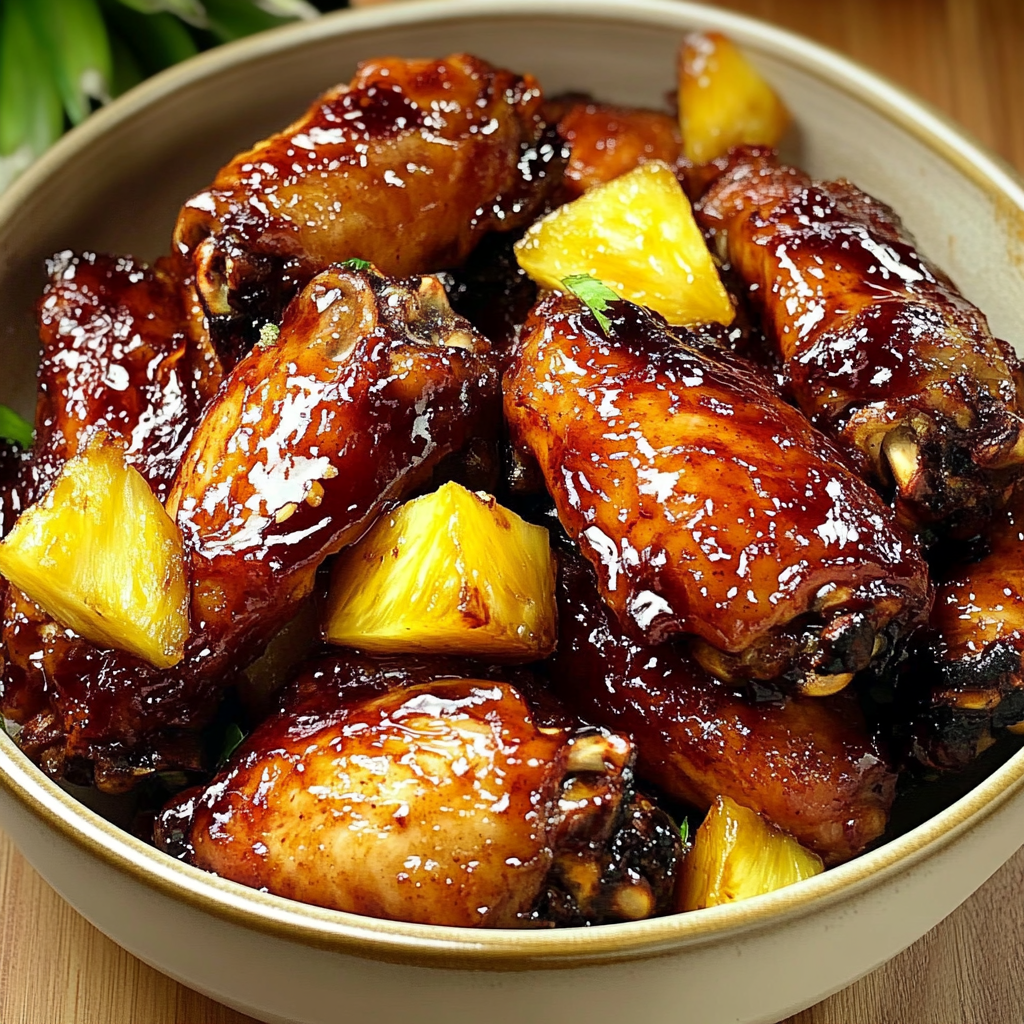 A bowl of chicken wings covered in a brown sugar pineapple sauce.