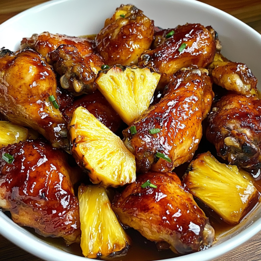 A bowl filled with chicken wings and pineapple chunks, likely a sweet and savory dish.