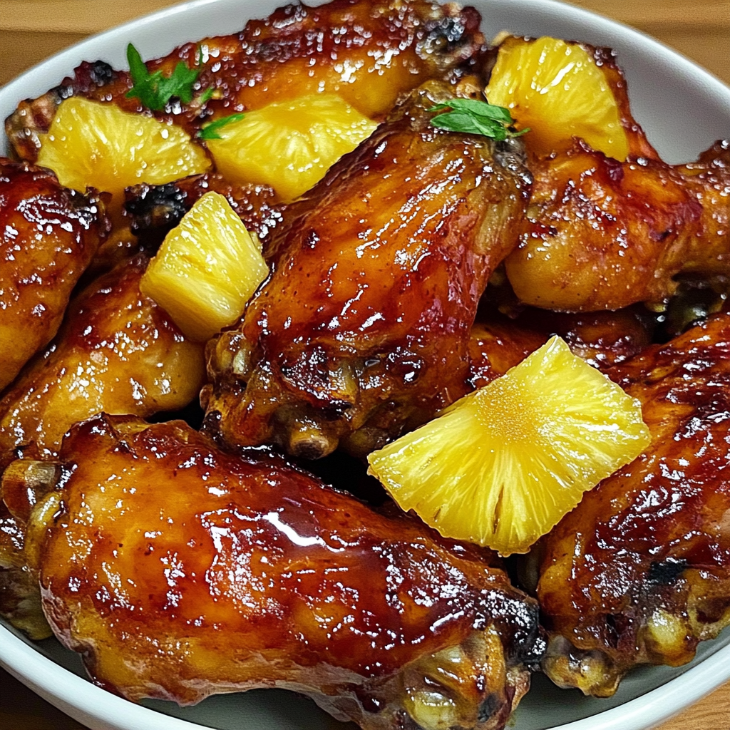 A bowl of chicken wings with pineapple slices on top, likely a sweet and savory dish.