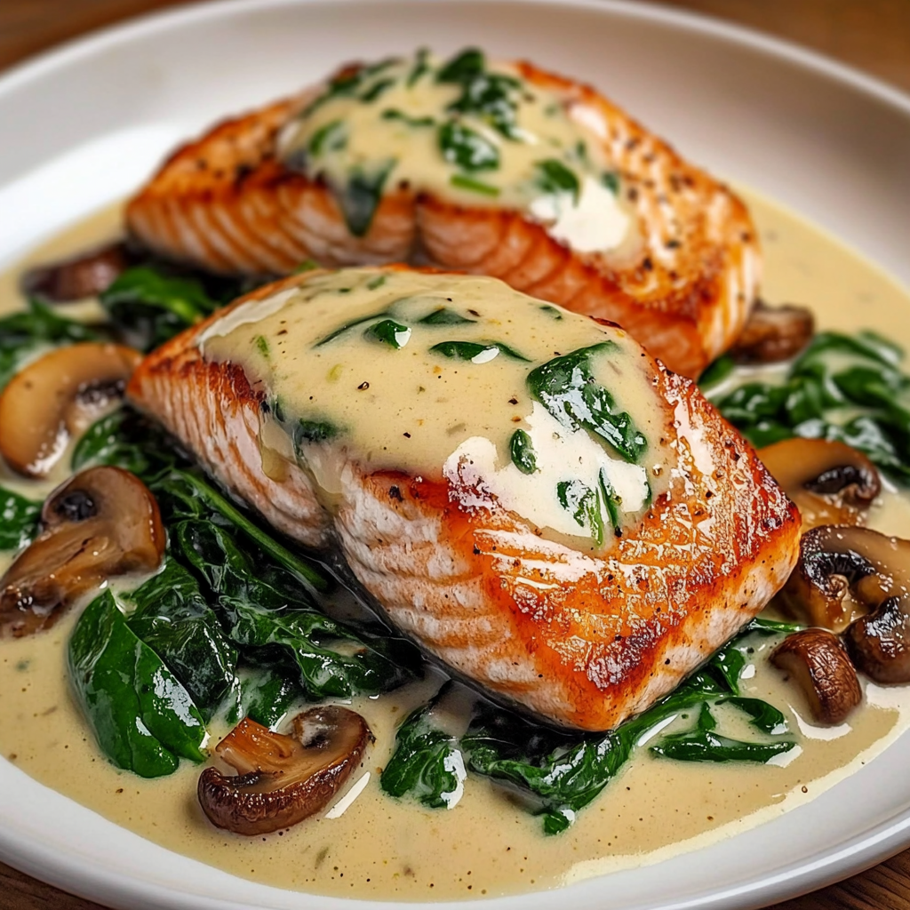A plate of fish with a creamy sauce and mushrooms on top.