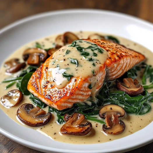 A plate of food with a salmon dish and mushrooms.