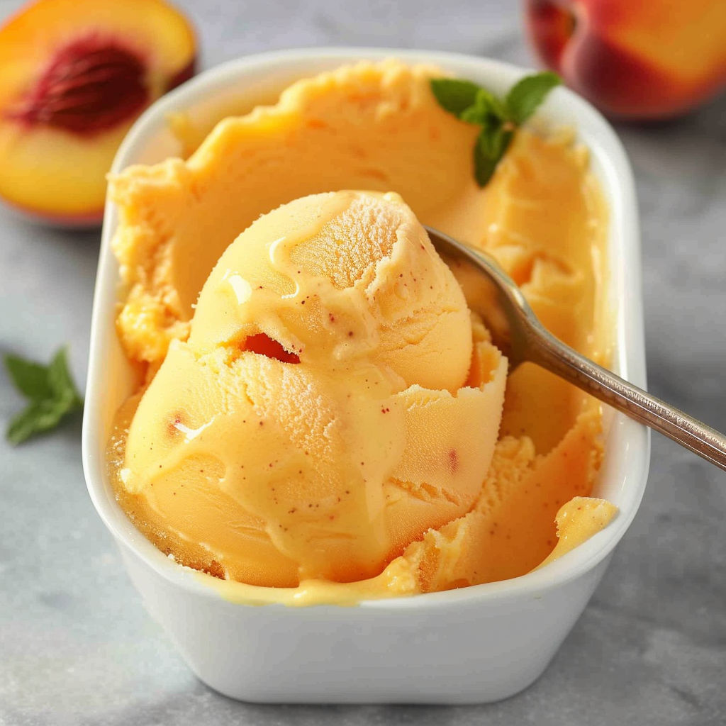 A bowl of peach sorbet with a spoon in it.
