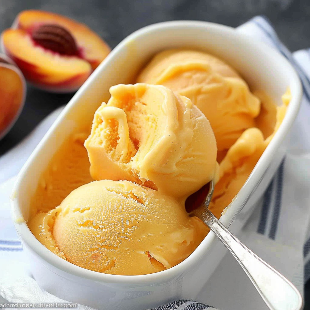 A bowl of peach ice cream with a spoon in it.