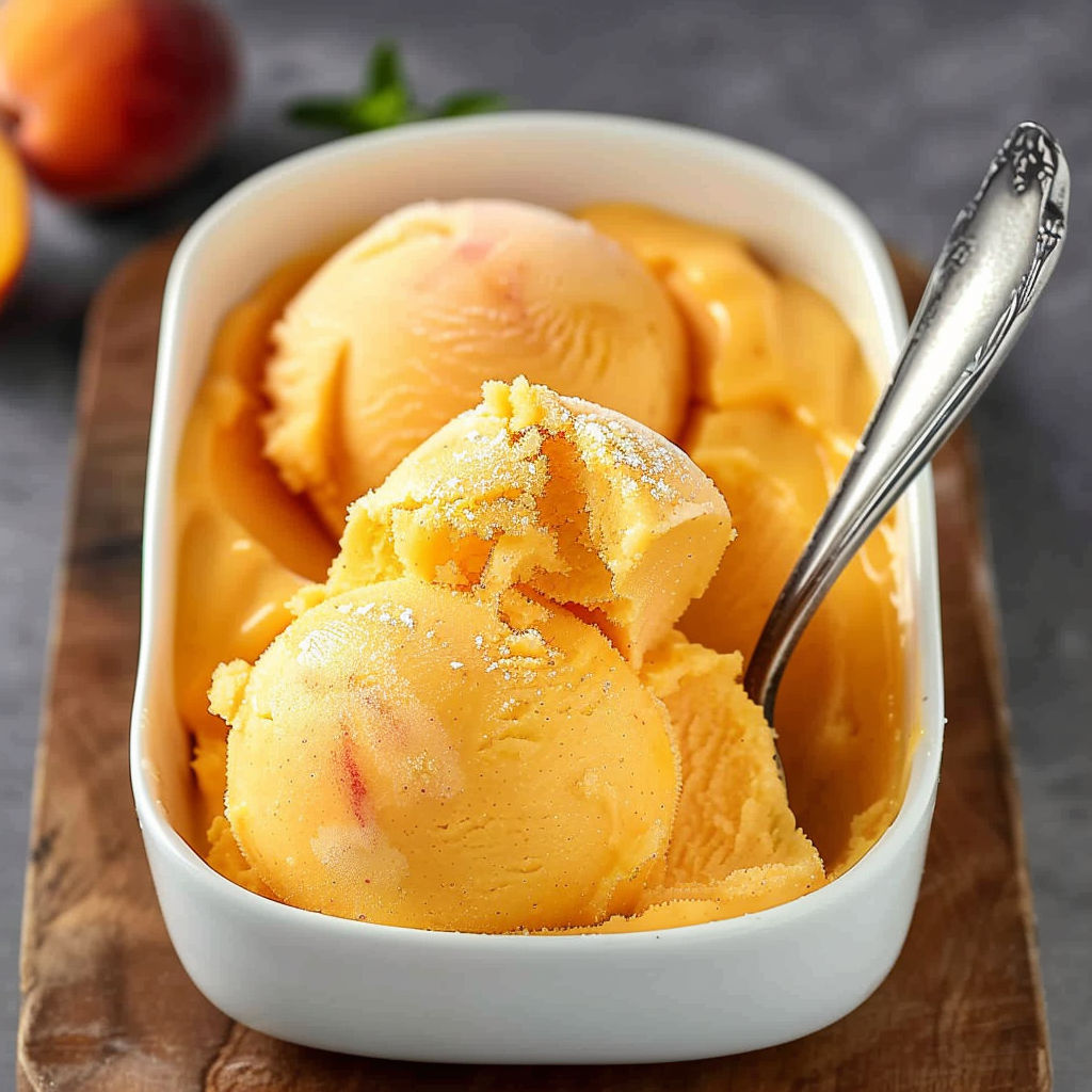 A bowl of orange ice cream with a spoon in it.