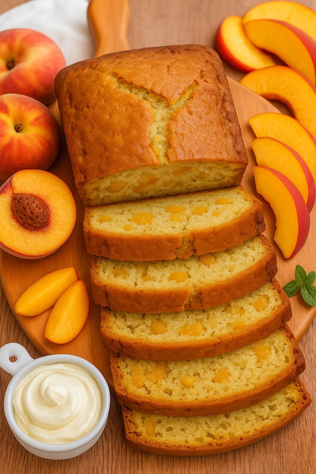 A loaf of bread with peaches on top, sitting on a plate with peaches and a cup of butter.