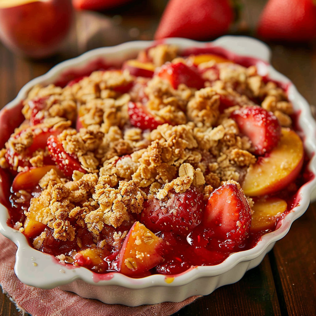 A delicious dessert made with strawberries and peaches, topped with a crumbly topping.