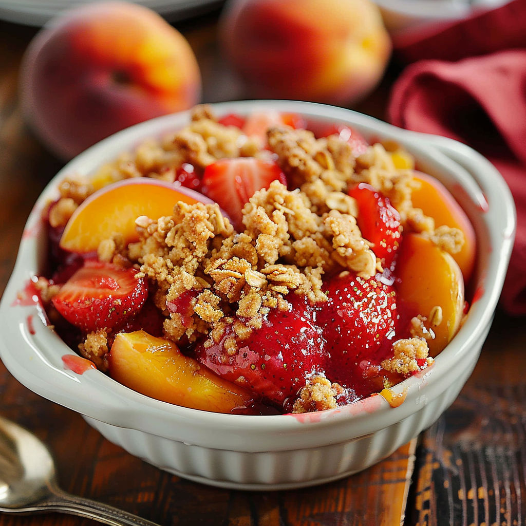 A bowl of Strawberry Peach Crisp Dessert is displayed on a wooden table.