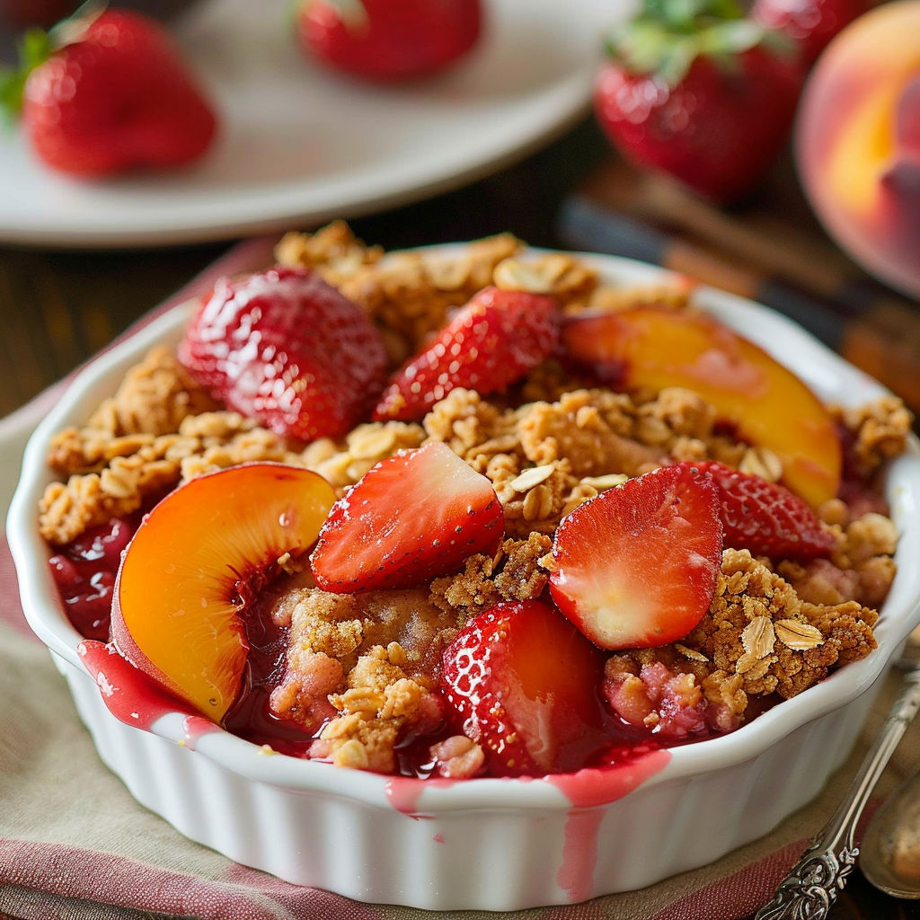 A delicious dessert made with strawberries and peaches, topped with a crumbly topping and served in a white bowl.