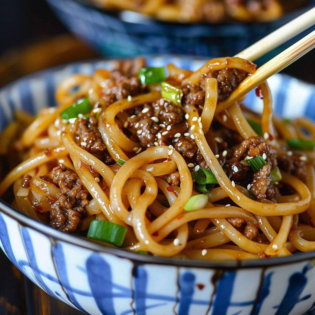 A bowl of delicious Easy Mongolian Ground Beef Noodles, ready to be enjoyed.