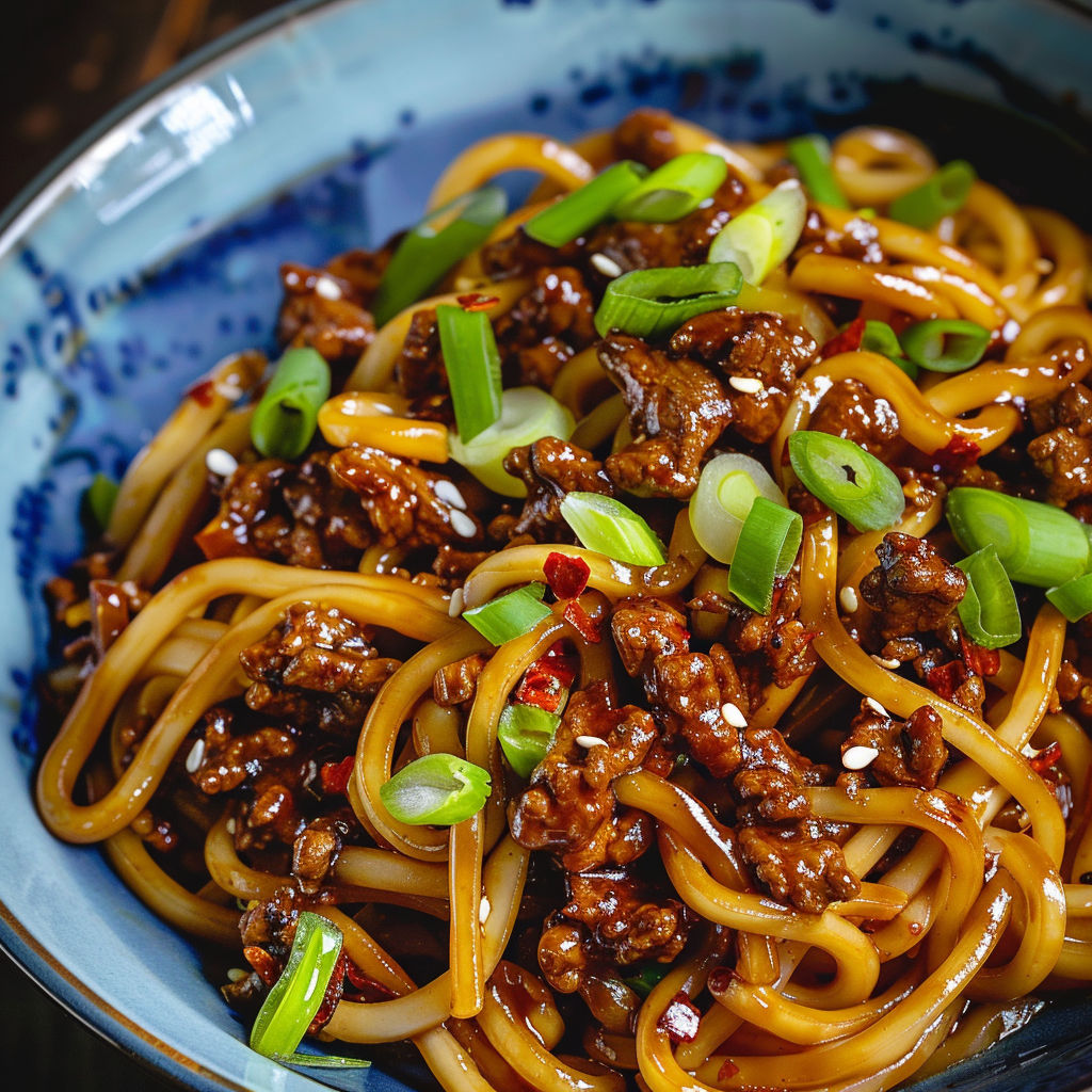 A bowl of delicious Easy Mongolian Ground Beef Noodles, topped with green onions and peppers.