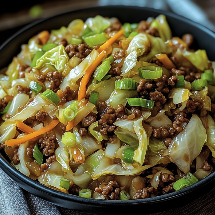 In a black bowl, a blend of cabbage, carrots, and beef makes up a hearty stir fry meal.