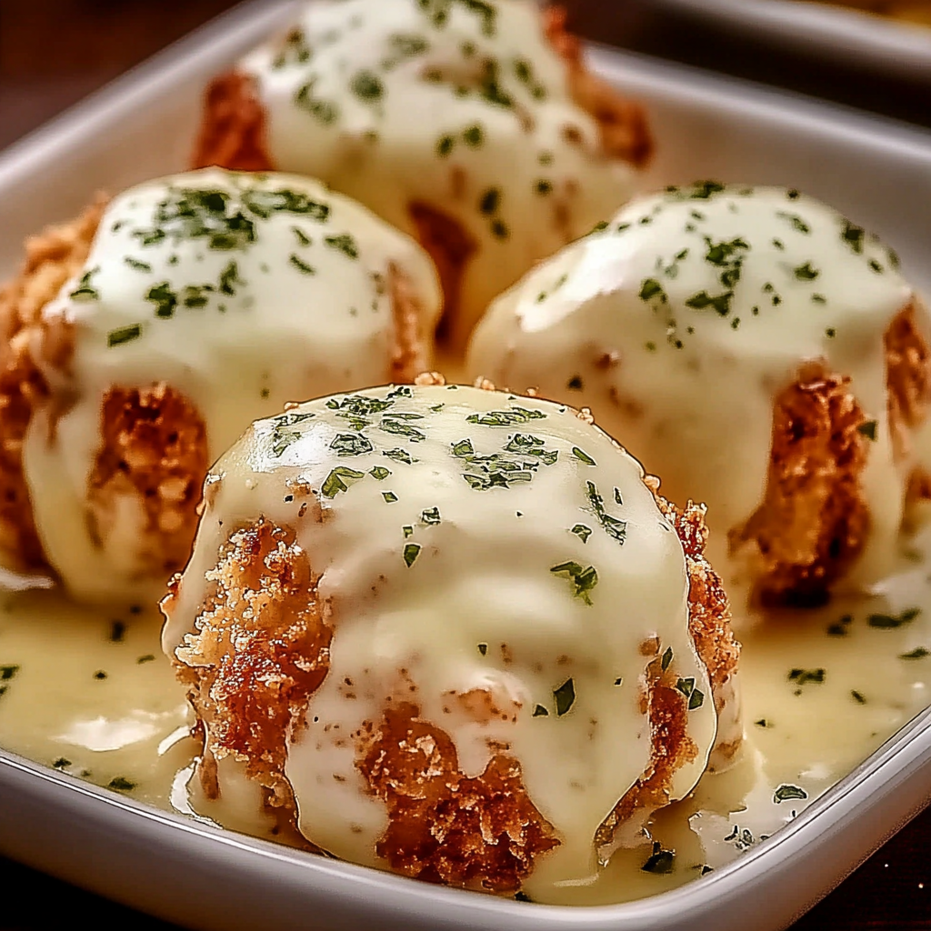 A platter stacked with crunchy golden cheese-stuffed chicken bites topped with creamy white sauce.