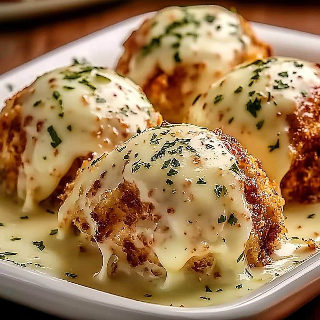 A serving tray full of crispy stuffed chicken pieces draped in creamy ranch sauce.