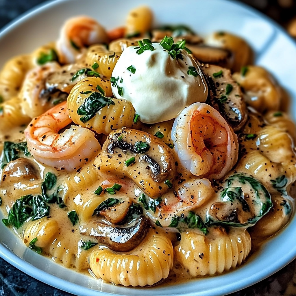 A cozy bowl studded with shrimp, spinach, mushrooms, and creamy pasta shells.