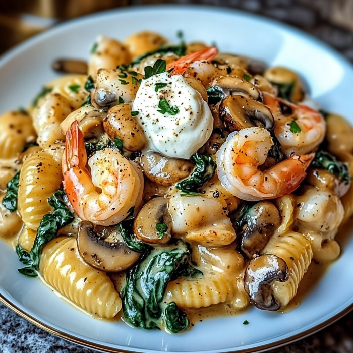 Creamy pasta shells with shrimp and veggies set on a welcoming table.