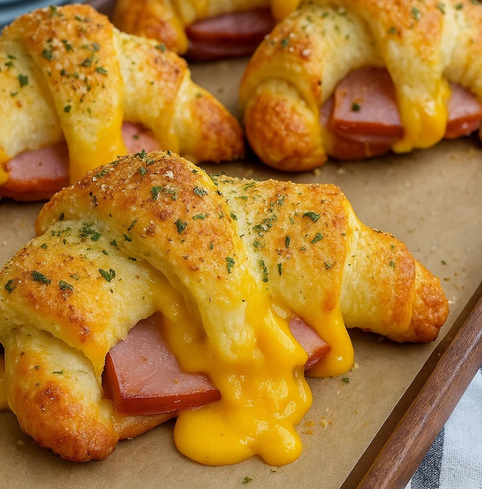 A dish stacked with ham and cheddar crescent roll-ups, gooey cheese spilling out.