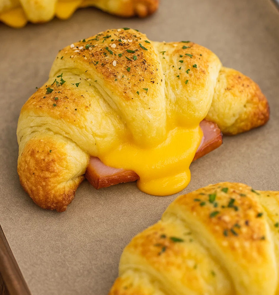 A golden crescent pastry loaded with ham and cheddar cheese.