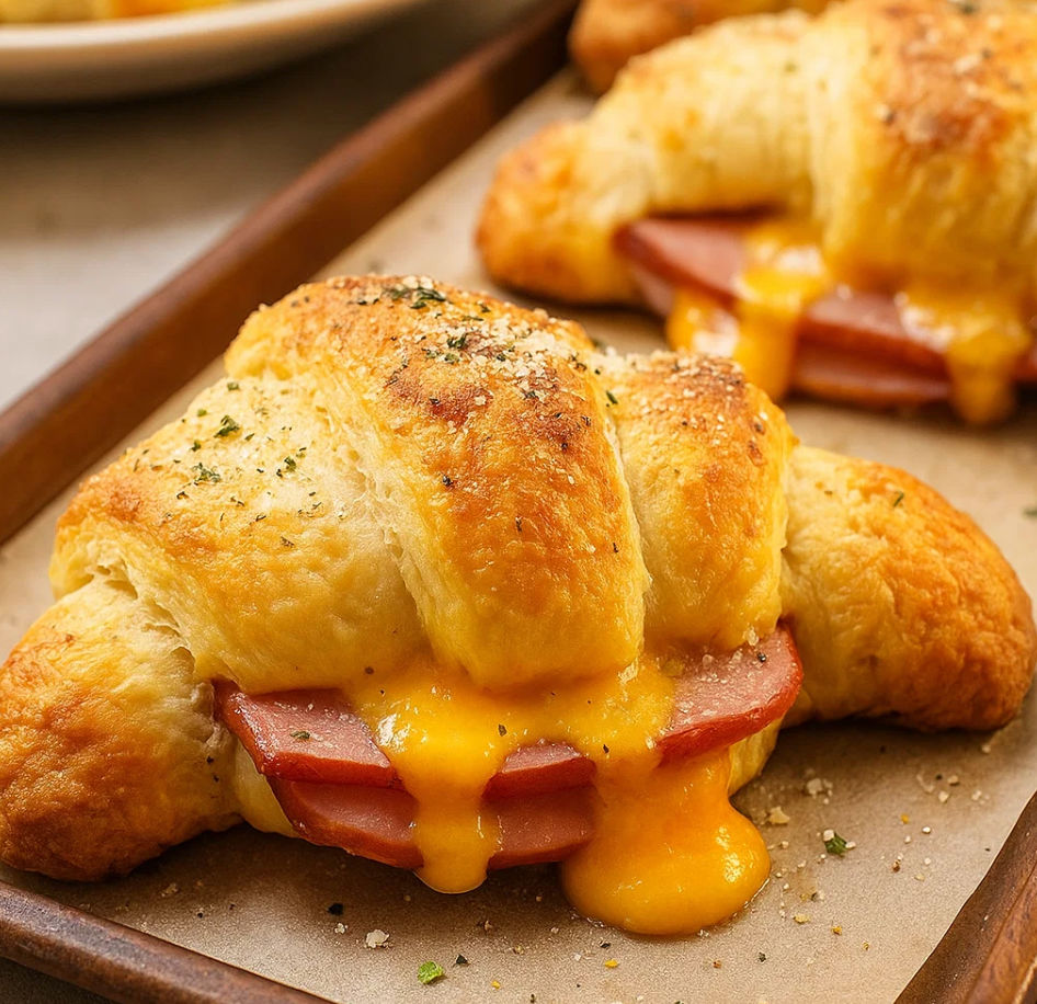 Cheesy baked crescent rolls stuffed with ham and ready to eat.