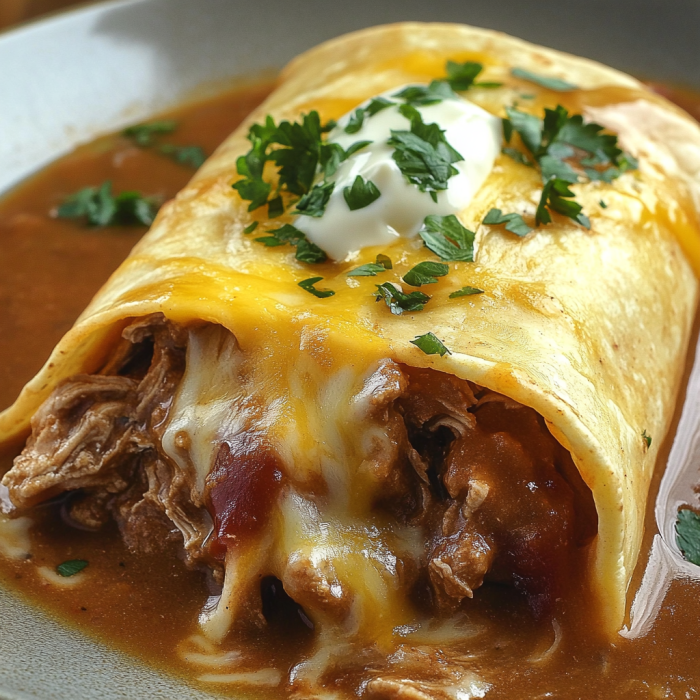 Plate of saucy Mexican-style burritos, possibly chicken, served with a small bowl of soup on the side.